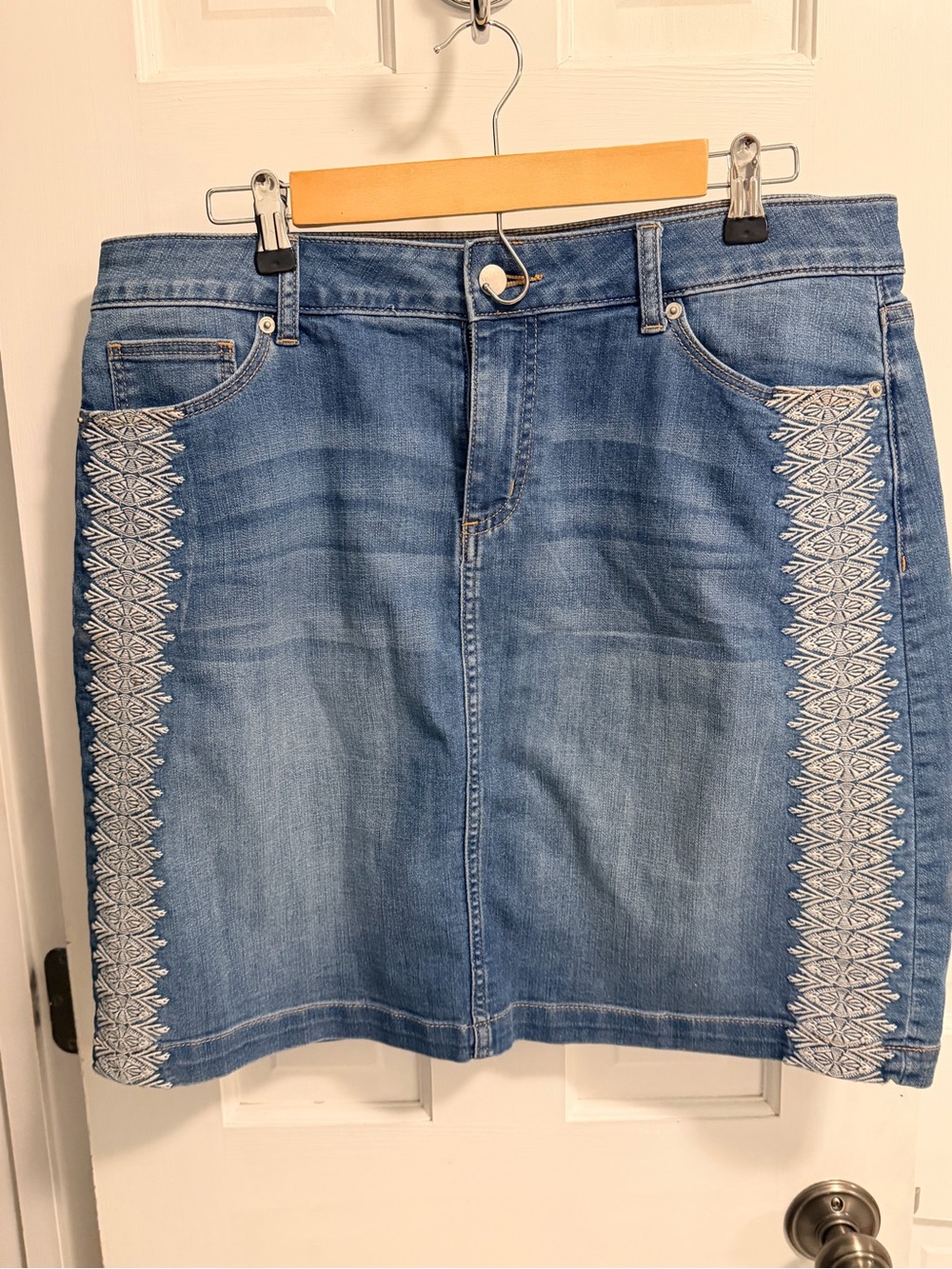 Westport Blue Denim Mini Skirt with White Embroidered Side Trim